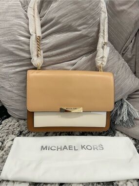 Michael Kors Tri-Panel Leather Shoulder Bag in Tan, Cream & Brown